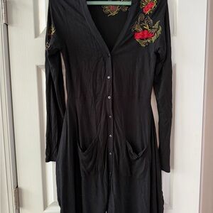 Caite Tunic Button Cardigan Asymmetrical Black Floral Embroidered Pockets small